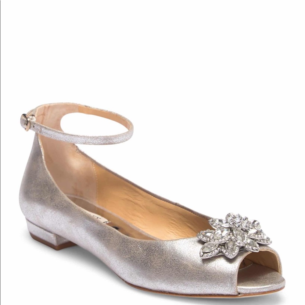 Badgley Mischka Silver Peep-Toe Ankle Strap Flats with Crystal Brooch